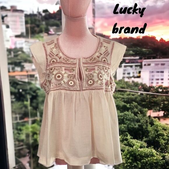 LUCKY BRAND NWT EMBROIDERED SHORT SLEEVE PEASANT TOP BLOUSE MEDIUM - Picture 1 of 9